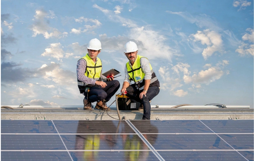 Solar technicians inspecting commercial solar panels for Solar Panel Pro LA clients