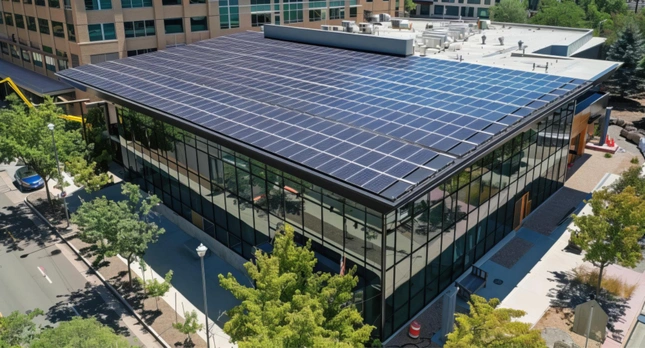 Modern office building powered by rooftop solar panels installed by Solar Panel Pro LA
