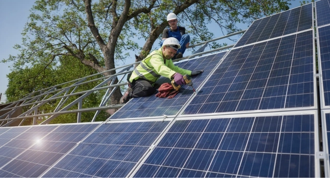 Certified solar installers mounting photovoltaic panels in Los Angeles by Solar Panel Pro LA